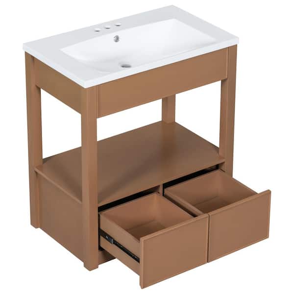 Cesicia 30 in. W x 18 in. D x 34 in. H Single Sink Freestanding Bath Vanity in Brown with White Ceramic Top and 2-Drawers