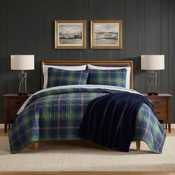 Preston Plaid Reversible 3-Piece Captain Blue/Green/Red Cotton Full/Queen Quilt Set