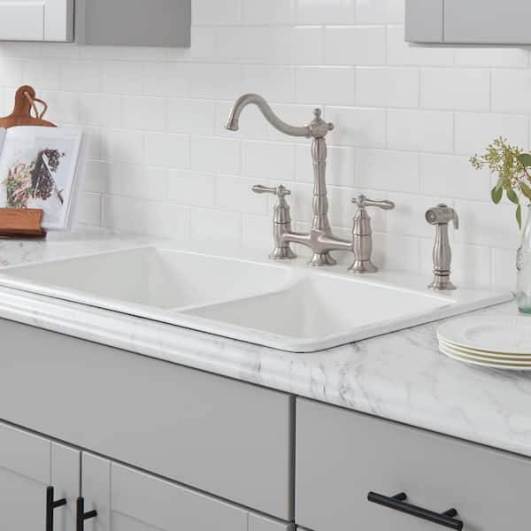 Lyndhurst Double Handle Bridge Kitchen Faucet with Side Sprayer in Brushed Nickel