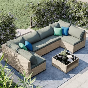 7-Pieces All-Weather Wicker Outdoor Sectional Set with Grey Cushion and Coffee Table