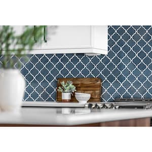 Bay Blue Glossy Arabesque 11 in. x 15 in. Glossy Ceramic Mesh-Mounted Mosaic Wall Tile (11.7 sq.ft./Case)