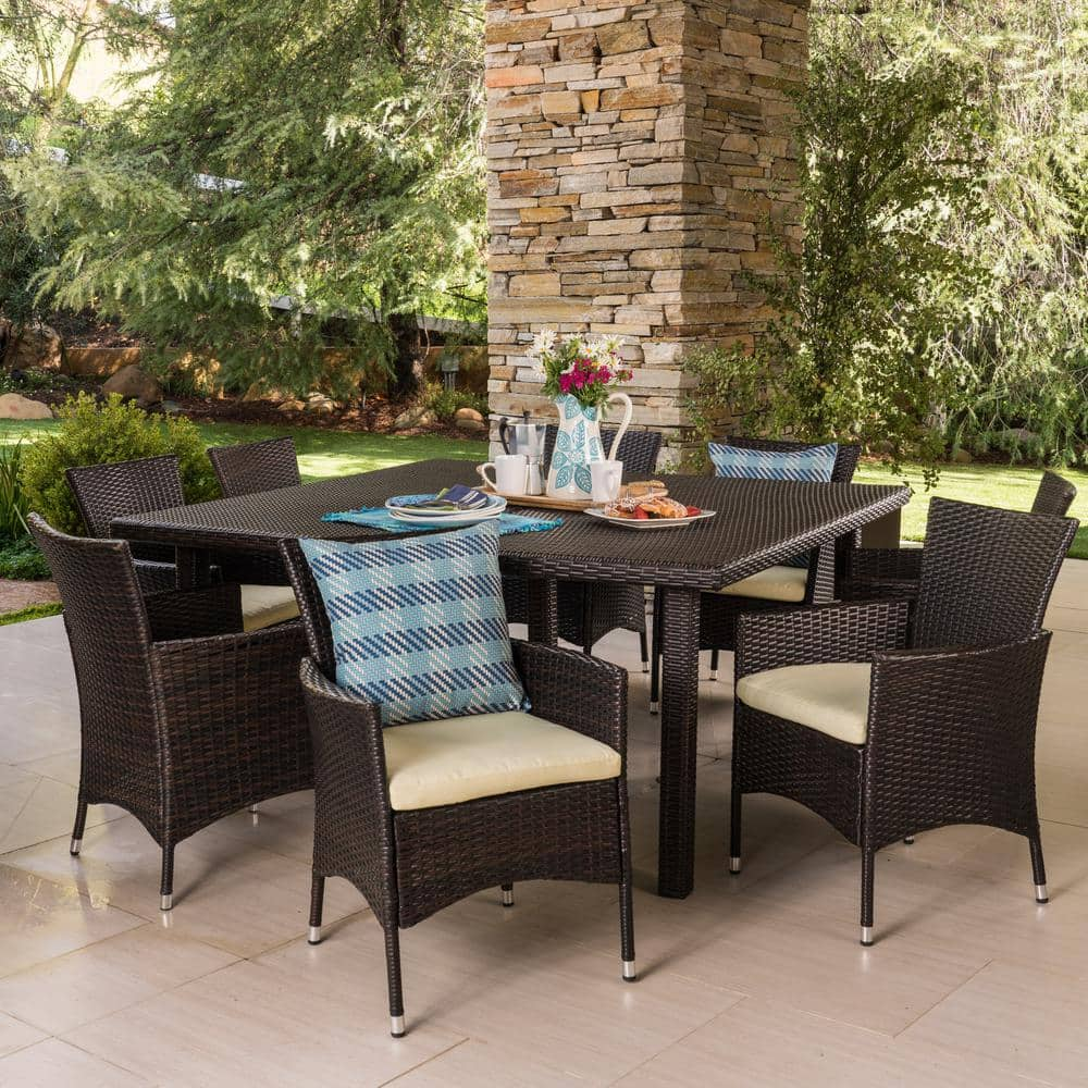 Noble House Aristo 30 in. Multi-Brown 9-Piece Metal Square Outdoor ...