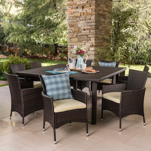 Aristo 30 in. Multi-Brown 9-Piece Metal Square Outdoor Dining Set with Beige Cushions
