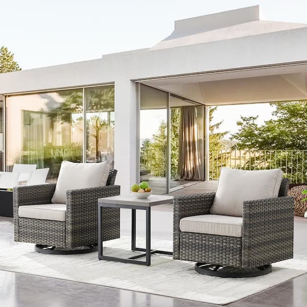 Opohoro Gray 3-Piece Wicker Patio Conversation Set, Outdoor Swivel Rocking Chairs with Side Table and Beige Cushions for Balcony