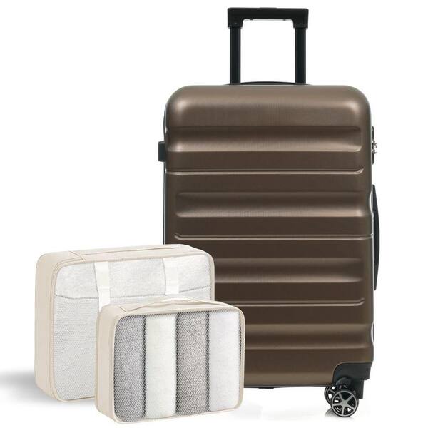 3 Bags 3-Piece Brown ABS 24" Hardside Luggage Set with 2 Packing Cubes, 360° Dual Spinner