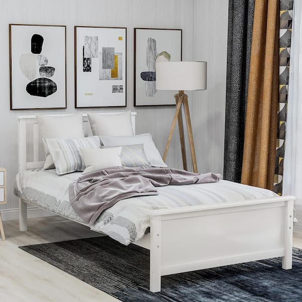 GODEER 80 in. White Twin Size Wood Platform Bed with Headboard, Footboard and Wood Slat Support