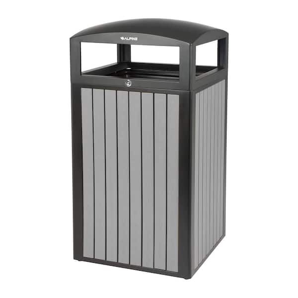 Alpine Industries 40 Gal. Grey Steel All-Weather Commercial Vented Outdoor Garbage Trash Can Receptacle with Lid and Liner