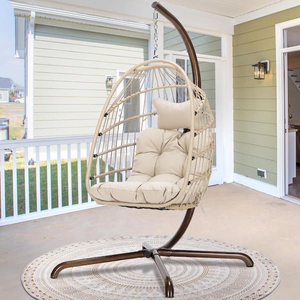 FINCATI Foldable 350 lbs. 1-Person Wicker Porch Swing with Beige Body, Beige Custion without Cover, Hanging Egg Chair with Stand