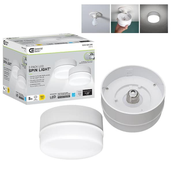 Commercial Electric Spin Light 5 in. White LED Flush Mount Ceiling Light 600 Lumens 4000K Bright White Closet Basement Utility (2 Pack)
