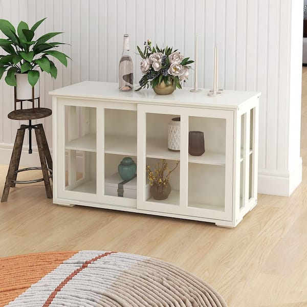 FUNKOL 41.93inx13.99inx24.61in 2-ply MDF Sideboard Ready to Assemble Kitchen Cabinet in White with glass doors