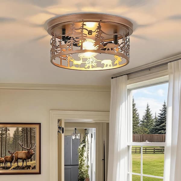 11 in. 2-Light Bronze Round Industrial Farmhouse Flush Mount Ceiling Light with Turnable Light Cap for Hallway