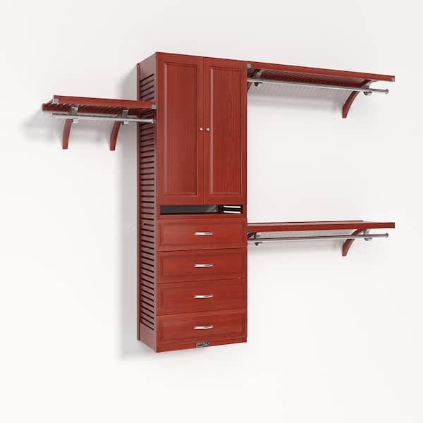 72 in. W - 120 in. W Red Mahogany Walk in with 4 Drawers and Wood Door 16 in. Shelf Wood Closet System