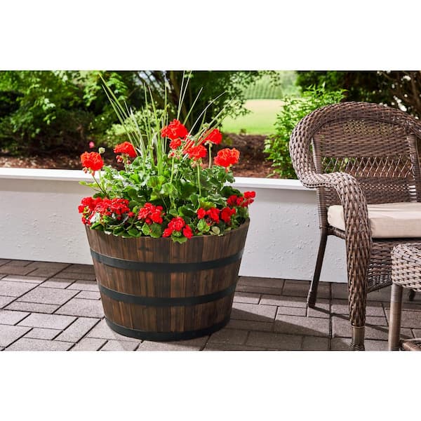 Jackson Extra Large Dark Brown Wood Barrel Planter with Drainage Hole (26 in. L x 26 in. W x 16.5 in. H)