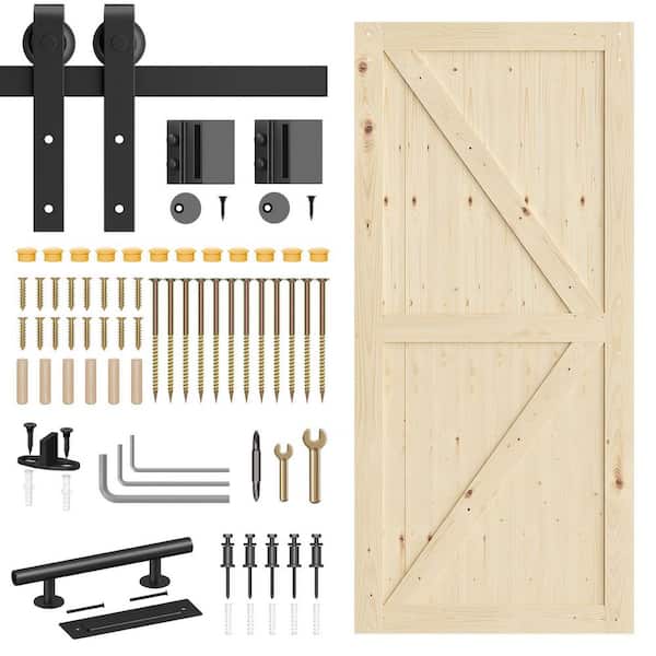 38 in. x 84 in. 2 Panel Unfinished Solid Wood Pine Sliding Barn Door with Hardware Kit 1-Pack