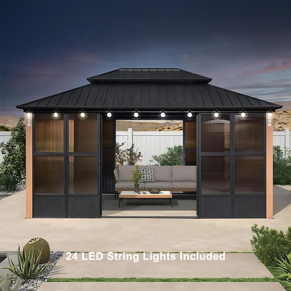 12ft. x 14ft. Patio Hardtop Gazebo Double Top PC Mesh Screen House Aluminum Solarium Backyard Sunroom, 24 Lights, Brown