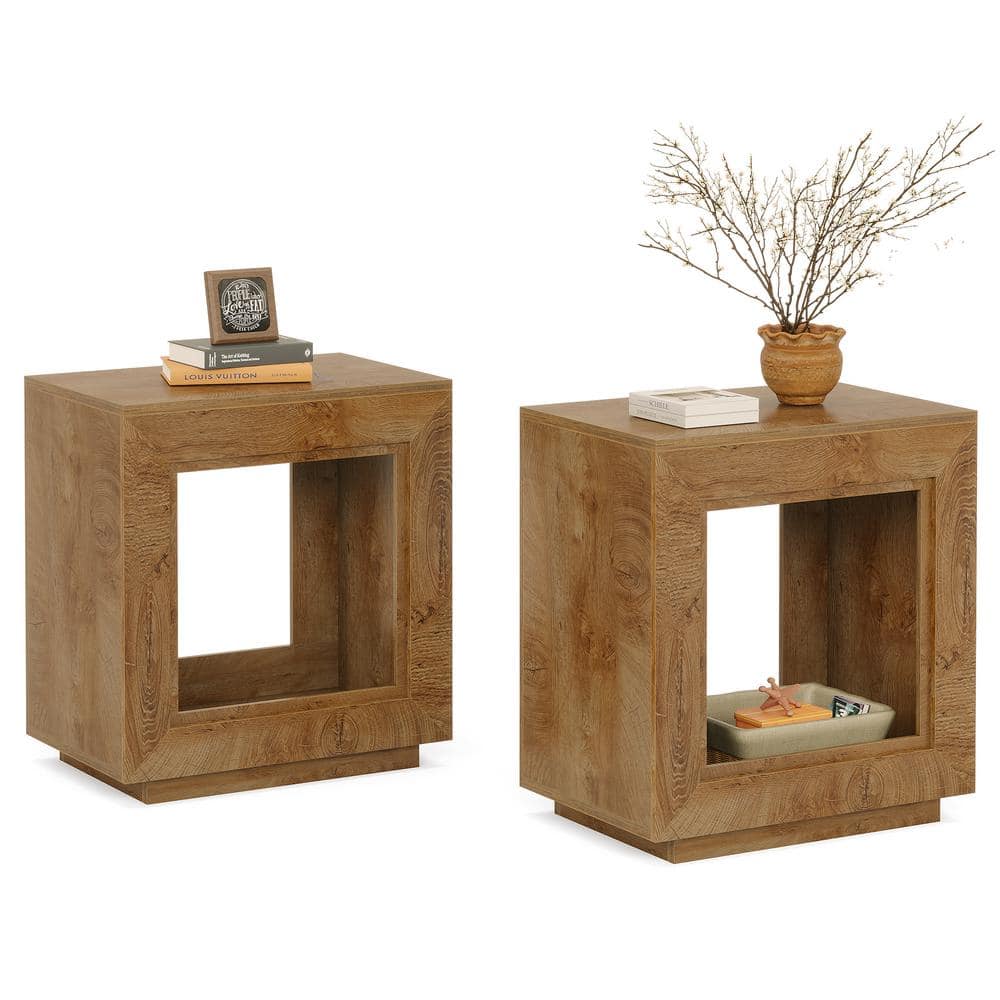 Kerlin 2-Piece 23.62 in. Brown Grain Rectangular Wood End Table, Farmhouse 2-Tiered Side Table for Living Room, Entrance