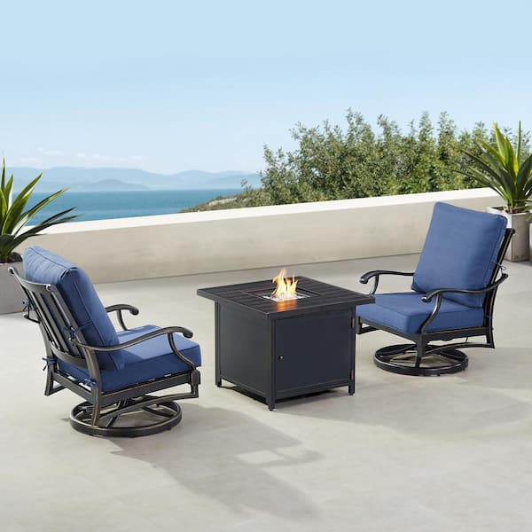 Oakland Living Black 5-Piece Aluminum Patio Fire Table Set with Blue Cushions