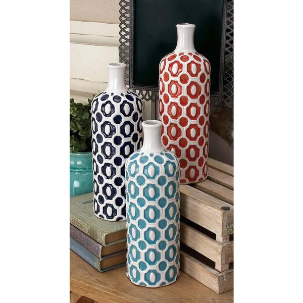 Litton Lane 13 in. Geometric Floret Multi Colors Ceramic Decorative Vase (Set of 3)