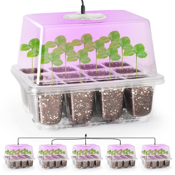 5-Pack Seed Starter Tray with Grow Light, Adjustable Humidity Domes, Clear Cell Trays
