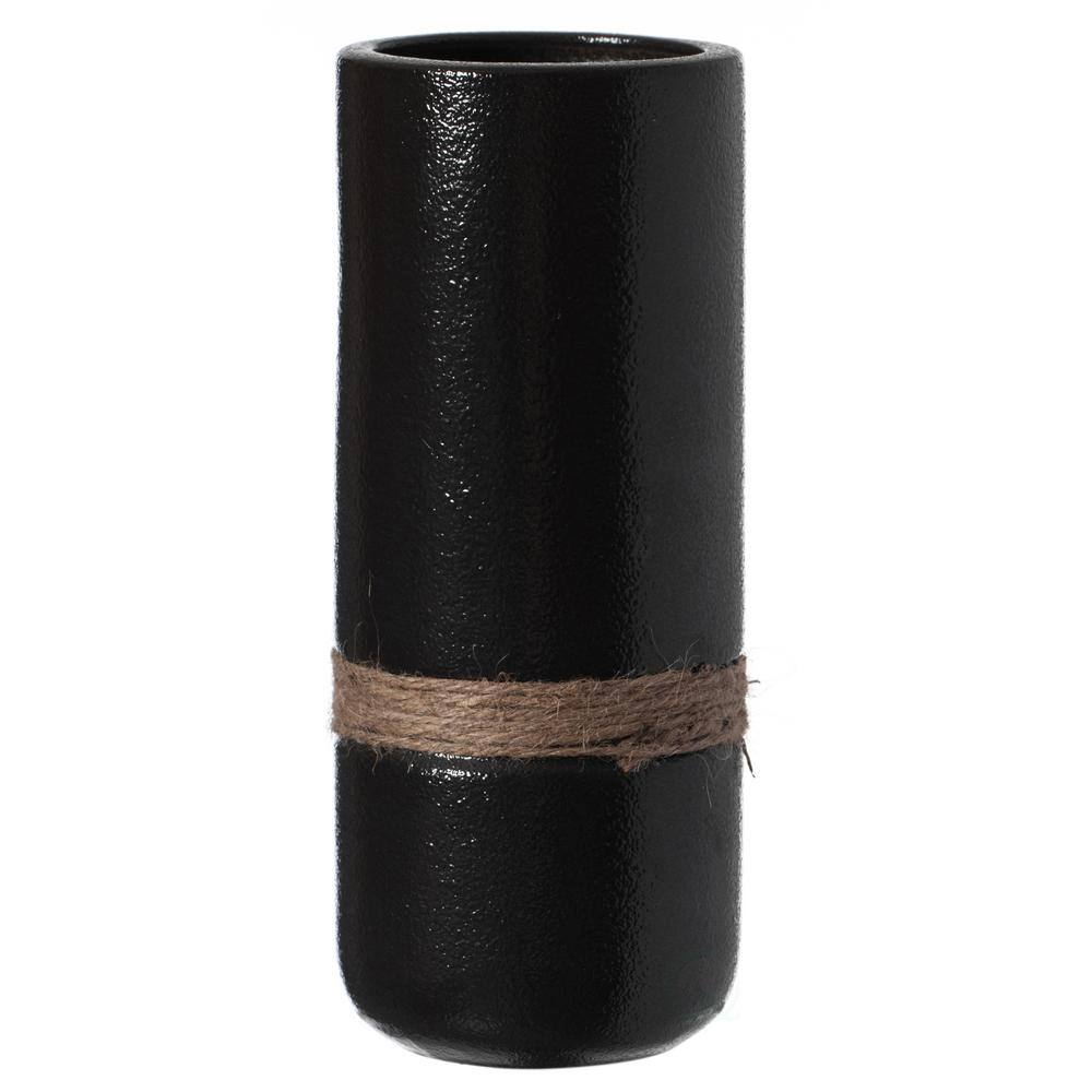 Small Black Ceramic Cylinder Table Vase with Rope