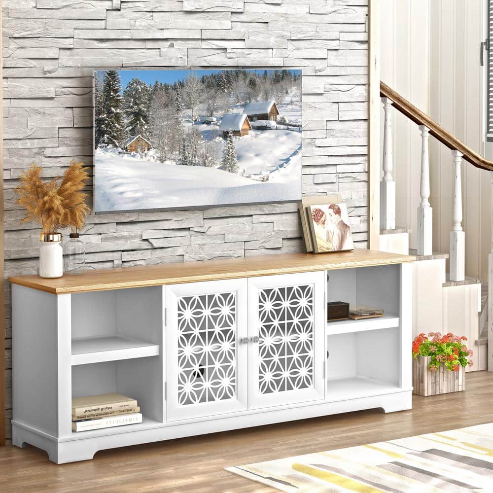 Grayish-White 70" TV Stand with Lattice Doors and Wood Top