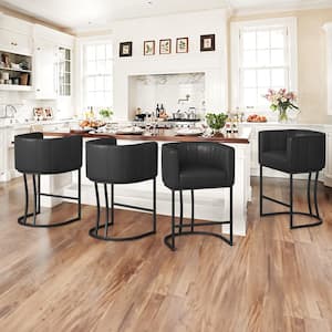 Siska 26 in.Modern Black Faux Leather Upholstered Counter Stool with Black Metal Frame Barrel Counter Bar Stool Set of 4