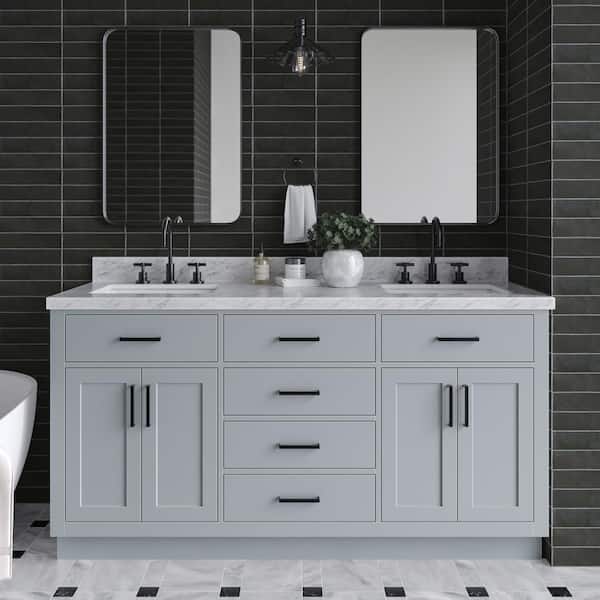 ARIEL Hepburn 67 in. W x 22 in. D x 36 in. H Freestanding Bath Vanity in Grey with Carrara White Marble Top and Double Sinks