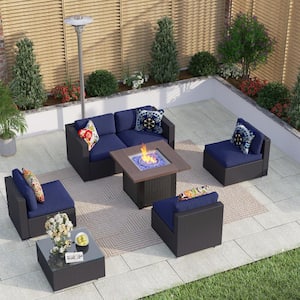 Dark Brown Rattan Wicker 5 Seat 7-Piece Steel Outdoor Fire Pit Patio Set with Blue Cushions,Square Fire Pit,Coffee Table