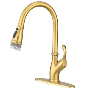 3-Function Single Handle No Sensor Pull Down Sprayer Kitchen Faucet with Brush in Brushed Gold