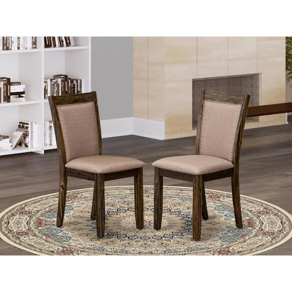 East West Furniture Distressed Jacobean, Parson Dining Chairs - Dark Khaki Linen Fabric Padded Chairs, Set of 2