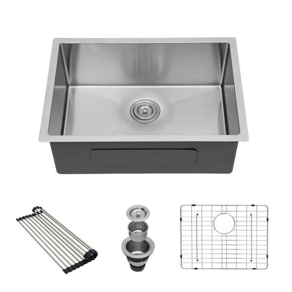 Sarlai 27 in. Undermount Single Bowl 16-Gauge Brushed Nickel Stainless ...