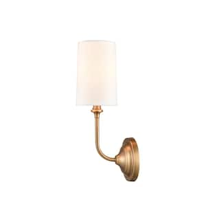 Giselle 1-Light Brushed Brass Wall Sconce with Off-White Cotton Fabric Shade