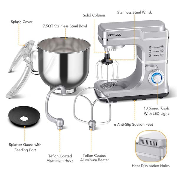 Garvee 7.5 Qt 10-Speed Silver Stand Mixer with Dough Hook, Whisk