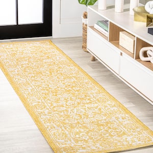 Tela Bohemian Textured Weave Floral Yellow/Cream 2 ft. x 10 ft. Indoor/Outdoor Area Rug