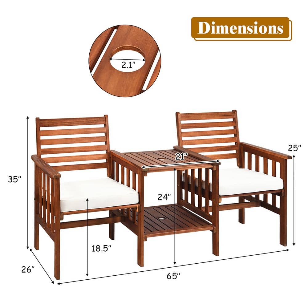 Acacia Wood 2-Person Patio Loveseat Set with Off-White Cushions