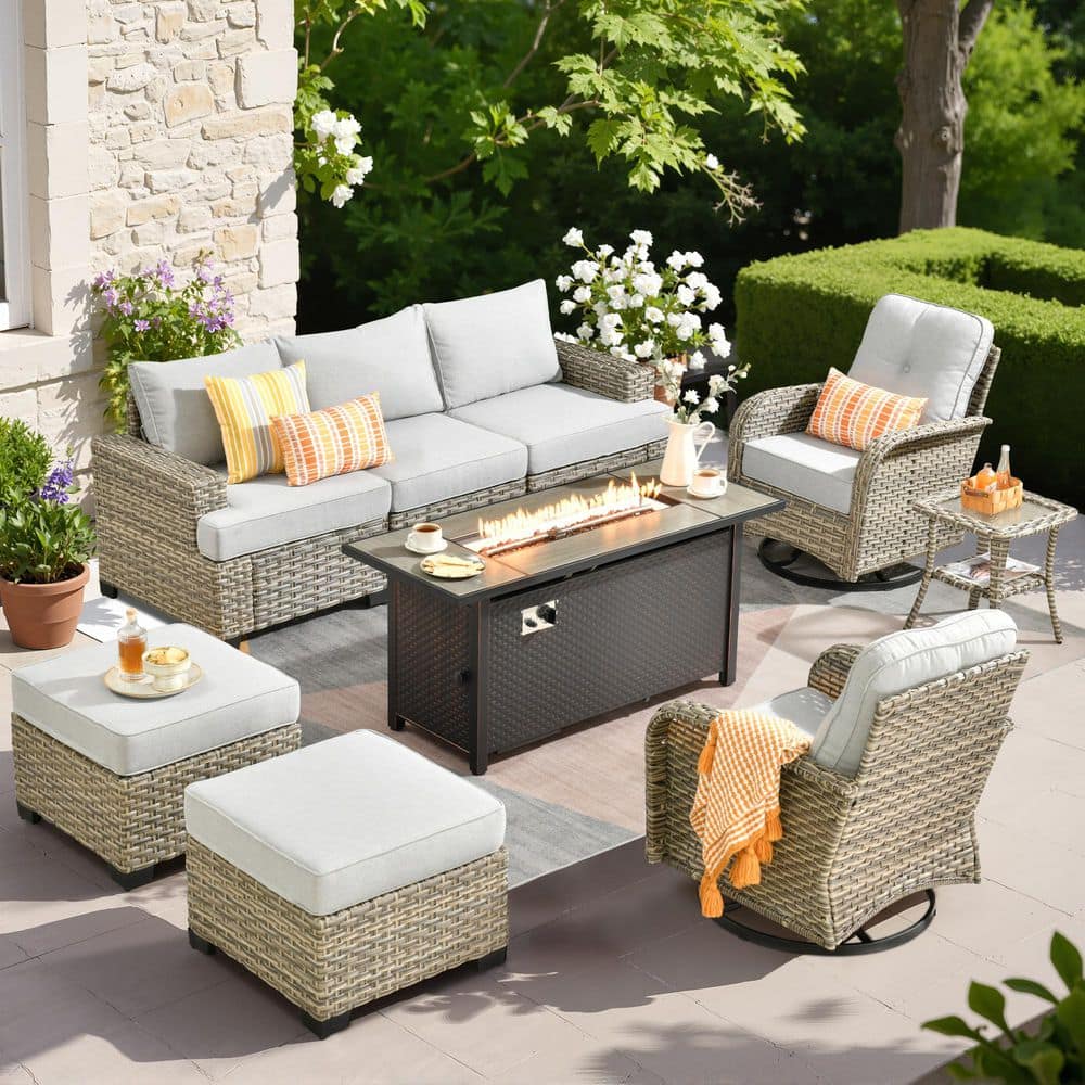 Tiberty Gray 9-Piece Wicker Patio Rectangle Fire Pit Conversation Set with Gray Cushions and Swivel Chairs price history on PriceWatchPro
