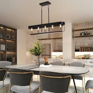 Modern 35 in. 5-Light Black and Brass Island Chandelier for Dining Room, Rectangle Kitchen Hanging Lamp LED Compatible