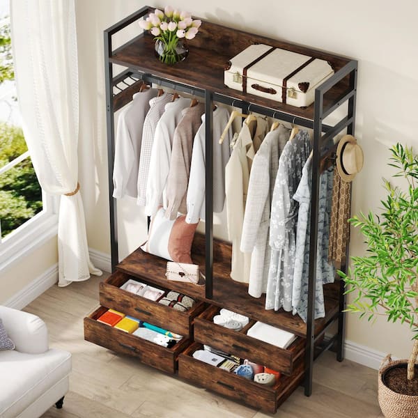 Carmalita Brown Wood 47.2 in. Armoire Closet Clothes Shelf Garment Rack 4 Drawers 8 Hooks Industrial Entryway Hall Tree