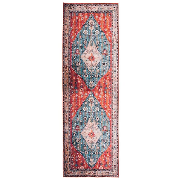 SAFAVIEH Tucson Beige/Blue 3 ft. x 18 ft. Machine Washable Floral Border Runner Rug