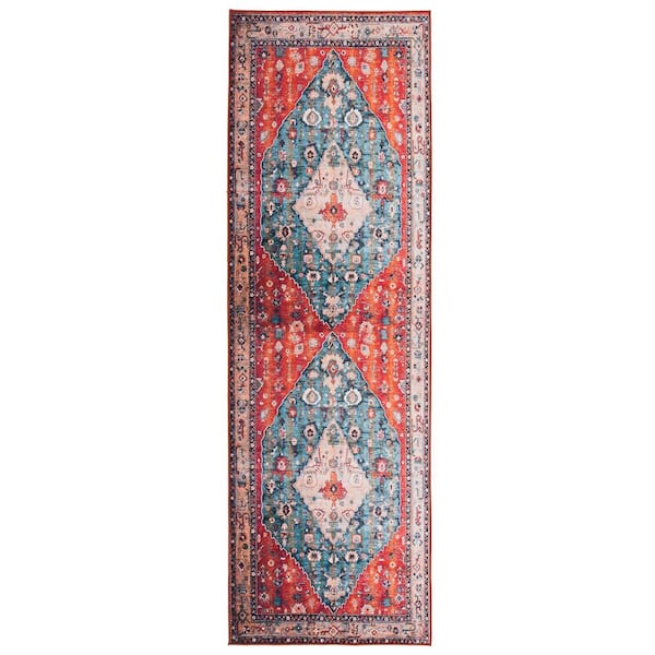 SAFAVIEH Tucson Beige/Blue 3 ft. x 20 ft. Machine Washable Ornate Border Runner Rug