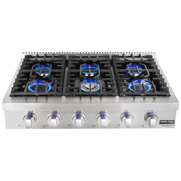 36 Inch Gas Rangetop, GASLAND Chef Professional Natural/Propane Gas Cooktop  Slide-in with Blue Indicator Lights, 120V Plug-in, 6 Deep Recessed Sealed