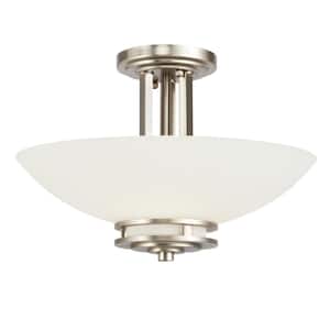 Hendrik 15 in. 2-Light Brushed Nickel Hallway Contemporary Semi-Flush Mount Ceiling Light with Cased Opal Glass
