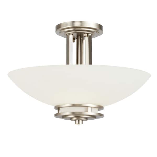 KICHLER Hendrik 15 in. 2-Light Brushed Nickel Hallway Contemporary Semi-Flush Mount Ceiling Light with Cased Opal Glass