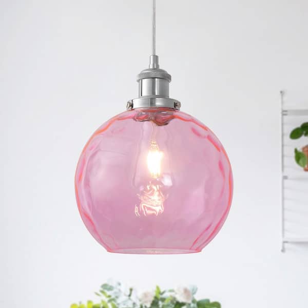 60-Watt 1-Light Chrome and Pink Simple Pendant Light with Glass Shade