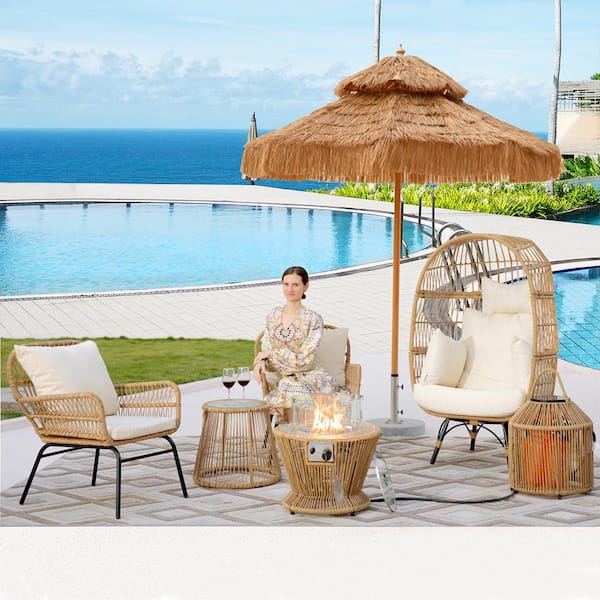 FINCATI Boho 5 Pieces Beige Wicker Patio Bistro Conversation Chair Set with Egg Chair Fire Pit and Beige Cushions