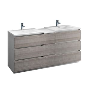 Lazzaro 72 in. Modern Double Bathroom Vanity in Glossy Ash Gray, Vanity Top in White with White Basins
