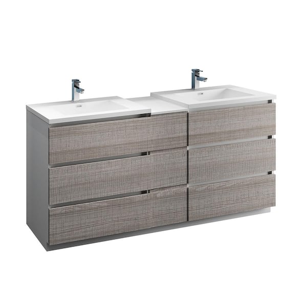 Fresca Lazzaro 72 in. Modern Double Bathroom Vanity in Glossy Ash Gray, Vanity Top in White with White Basins