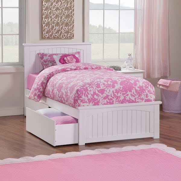 Nantucket White Twin Solid Wood Storage Platform Bed with Matching Foot Board and 2 Bed Drawers
