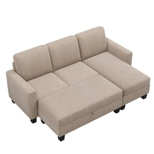 81 in. Textured Square Arms Polyester Straight Sofa with 4-Seats Storage Ottoman in Beige