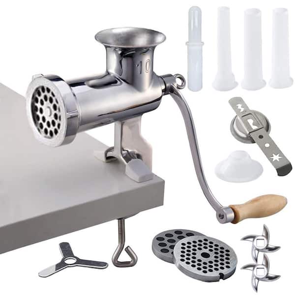 Stainless Steel Manual Meat Grinder with 420 Stainless Steel Blade, Coarse and Fine Plates, Clamp-on Design